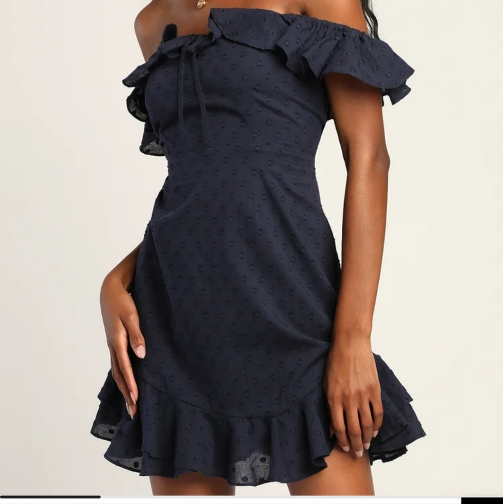 Lulus mini dress ruffle shuffle navy blue swiss dot  dress sz SMALL EUC